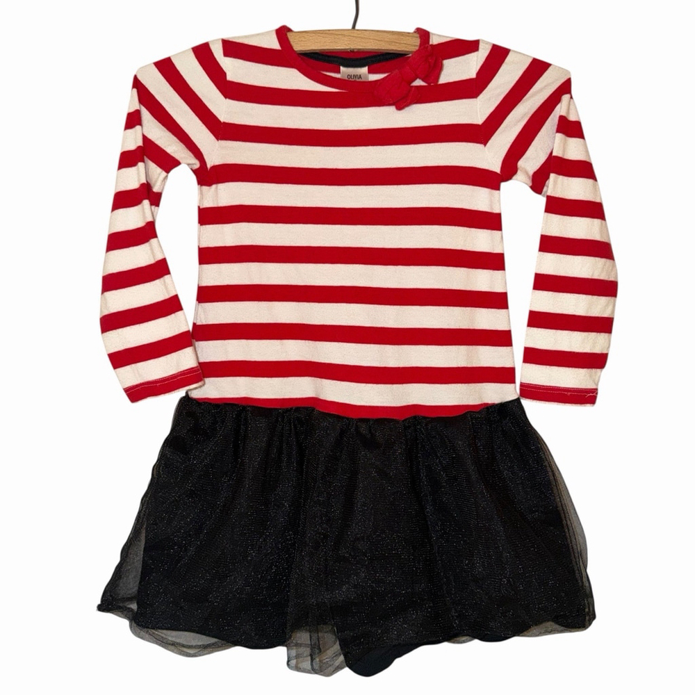 Gymboree Girls 5T Red White Striped Black Mesh Olivia the Pig Dress School